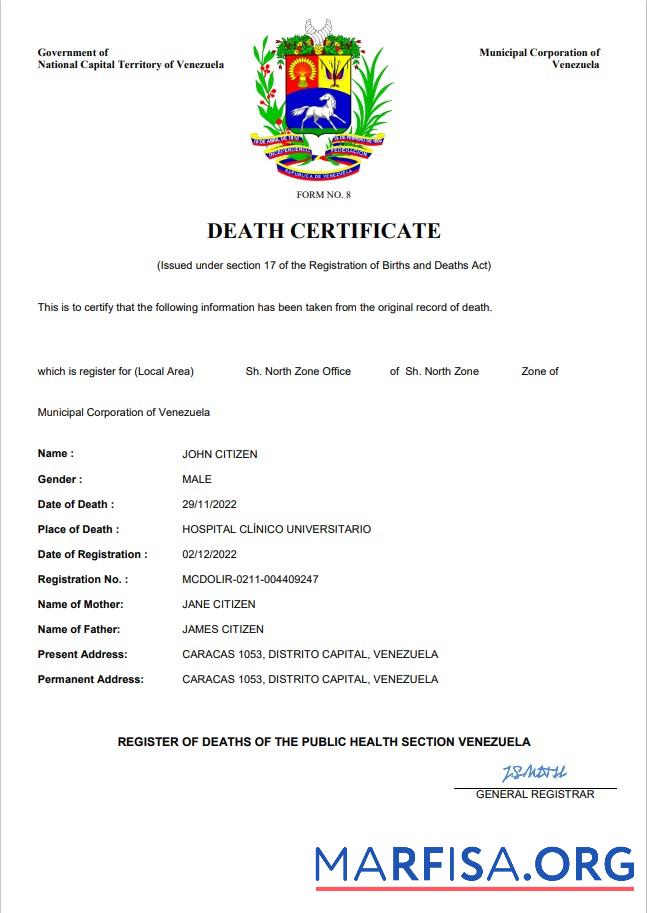 Printable Venezuela vital record death certificate Word and PDF template